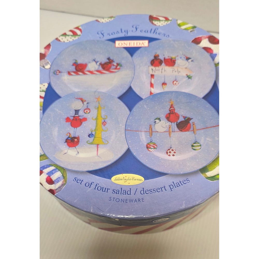 Oneida Frosty Feathers Dessert Plates Set‎ of 4 Holiday Stoneware w Box
